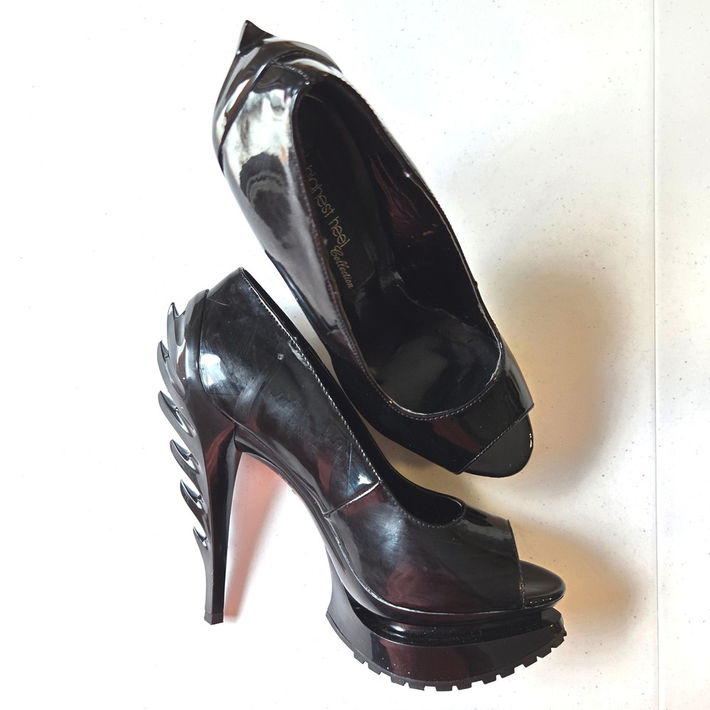 RARE The Highest Heel FLAME-21 Black Patent 5" Platform Peep Toe Pumps Size 6